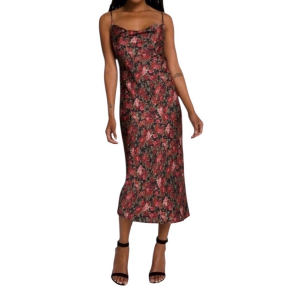 GOOD AMERICAN Black Red Moody Dark Floral Silky Midi Slip Dress Size Small 1